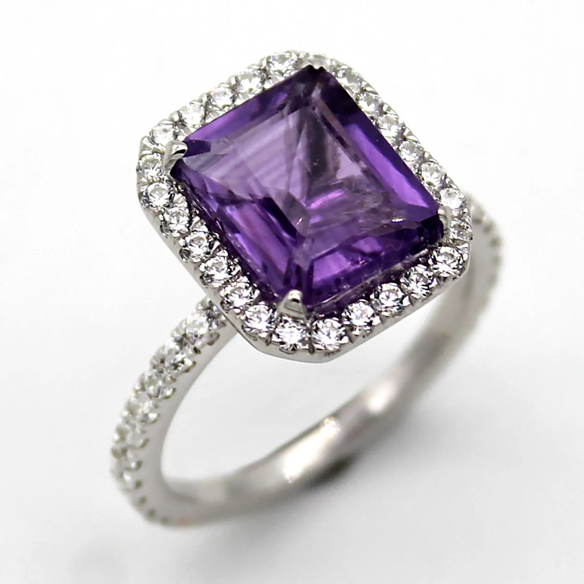 Emerald Cut Natural Amethyst & Swarovski Zirconia Ring