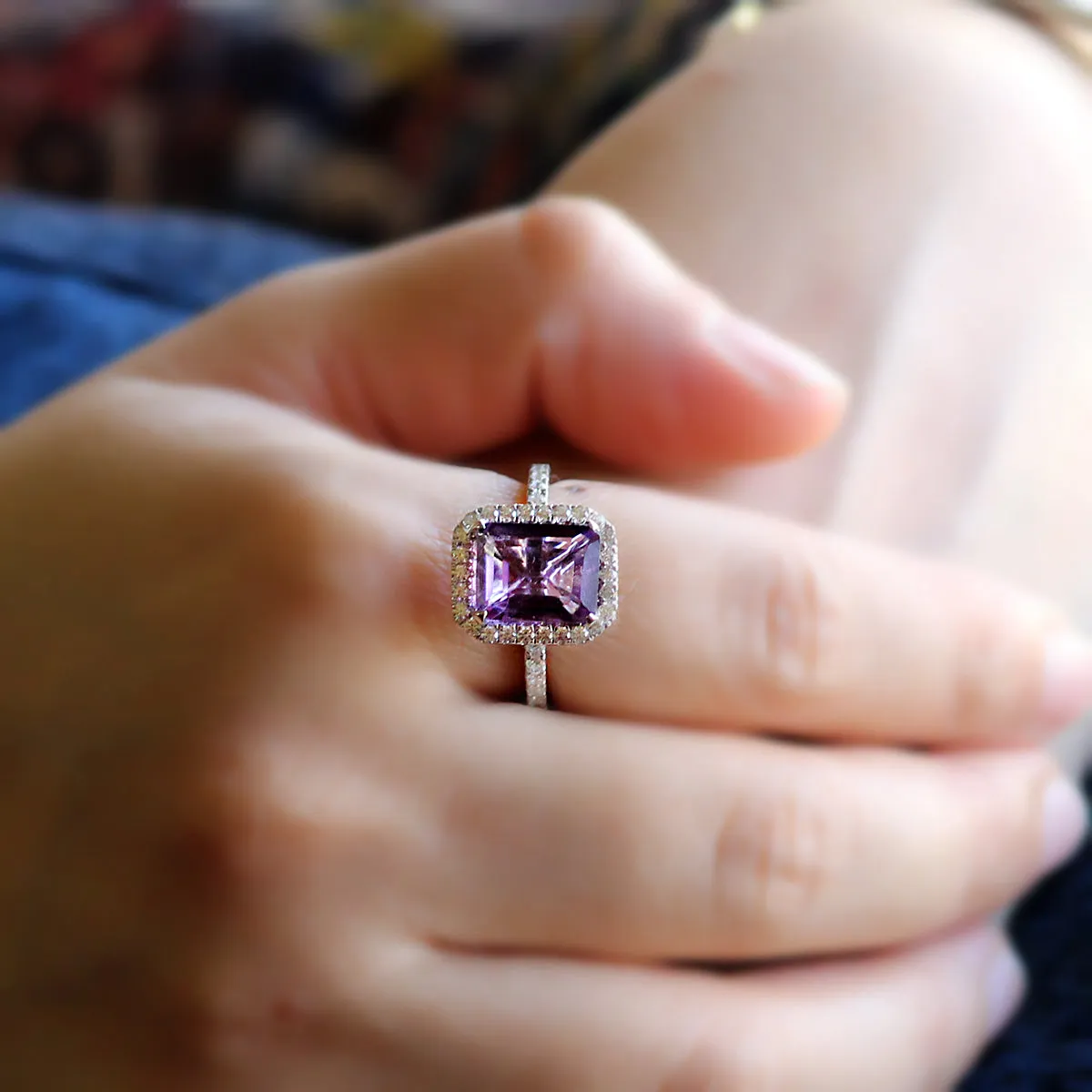 Emerald Cut Natural Amethyst & Swarovski Zirconia Ring
