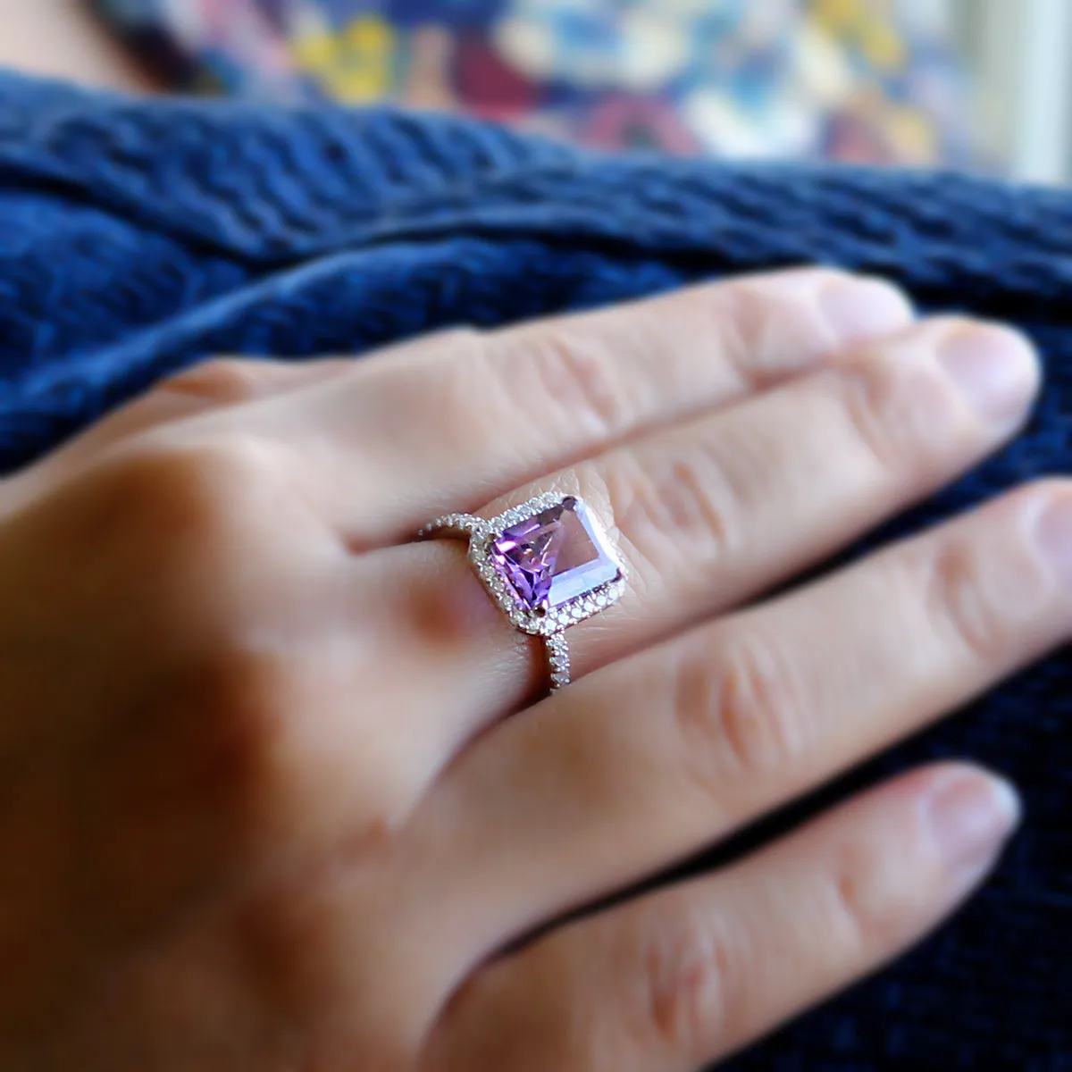 Emerald Cut Natural Amethyst & Swarovski Zirconia Ring