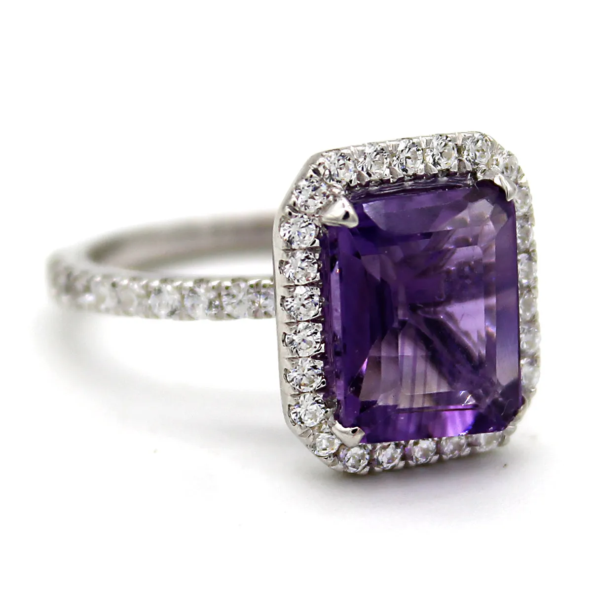 Emerald Cut Natural Amethyst & Swarovski Zirconia Ring