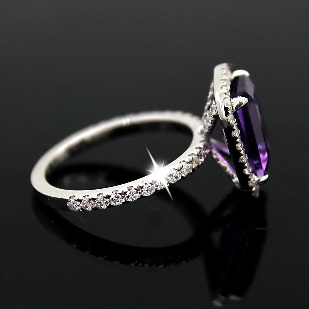Emerald Cut Natural Amethyst & Swarovski Zirconia Ring