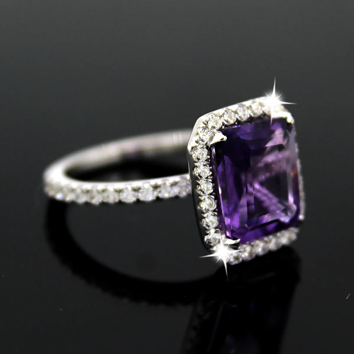 Emerald Cut Natural Amethyst & Swarovski Zirconia Ring