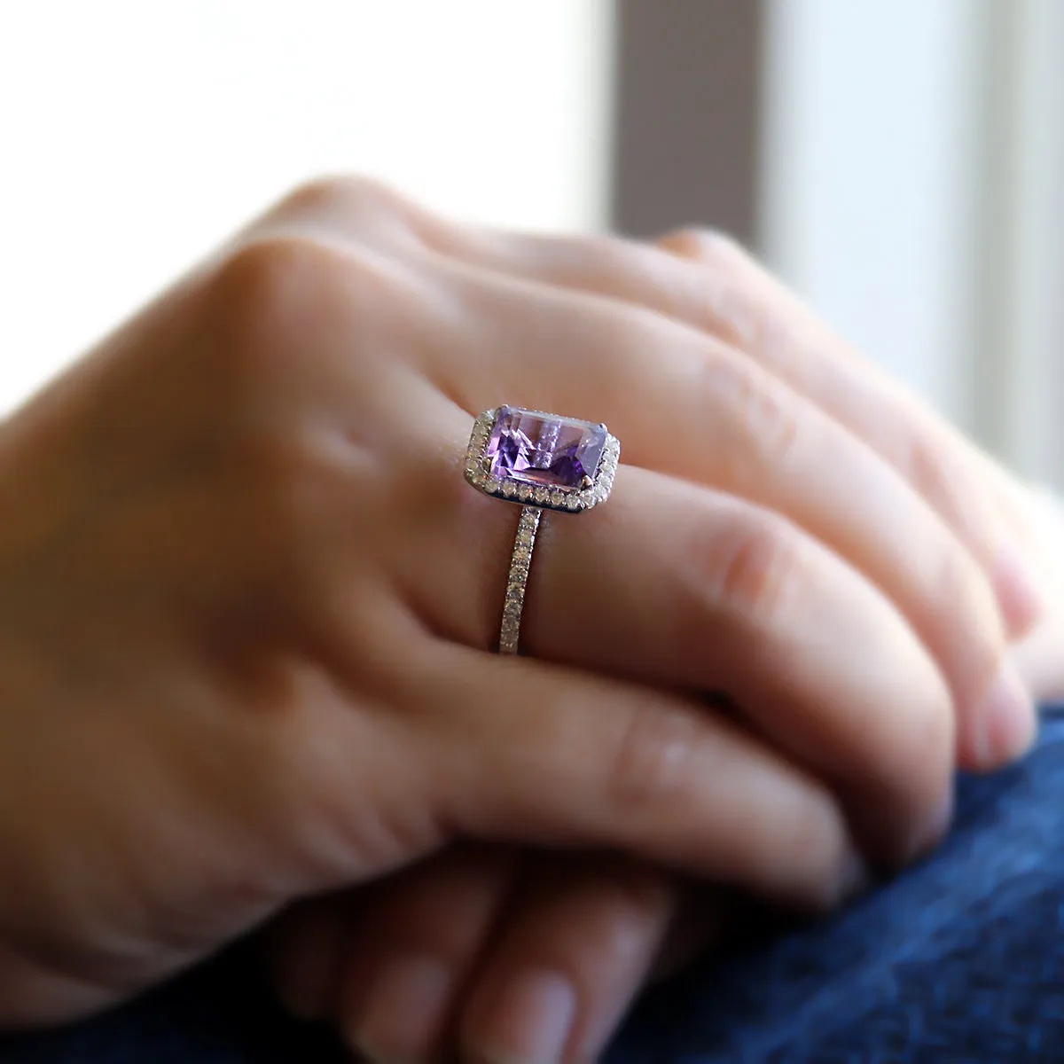 Emerald Cut Natural Amethyst & Swarovski Zirconia Ring