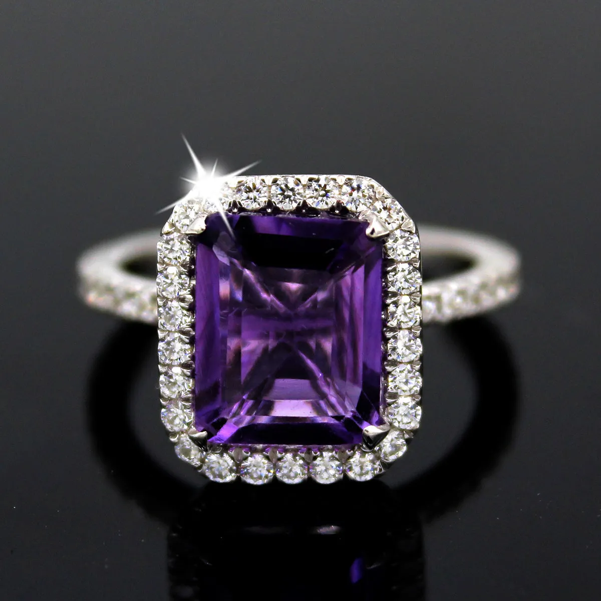 Emerald Cut Natural Amethyst & Swarovski Zirconia Ring