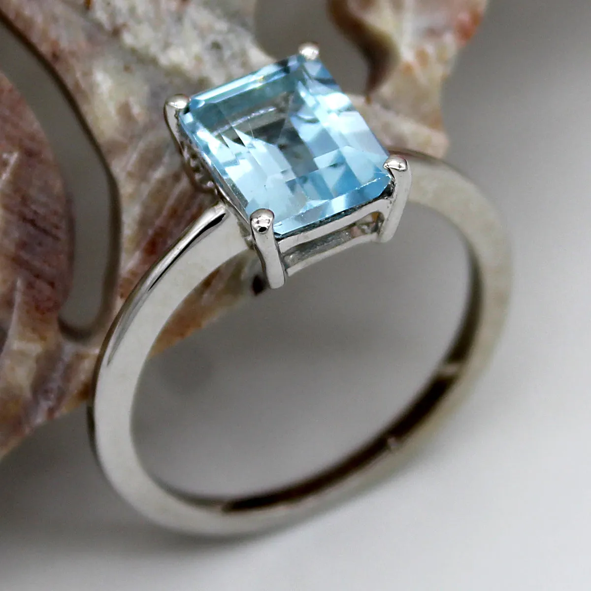 Emerald Cut Natural Sky Blue Topaz Fine Ring