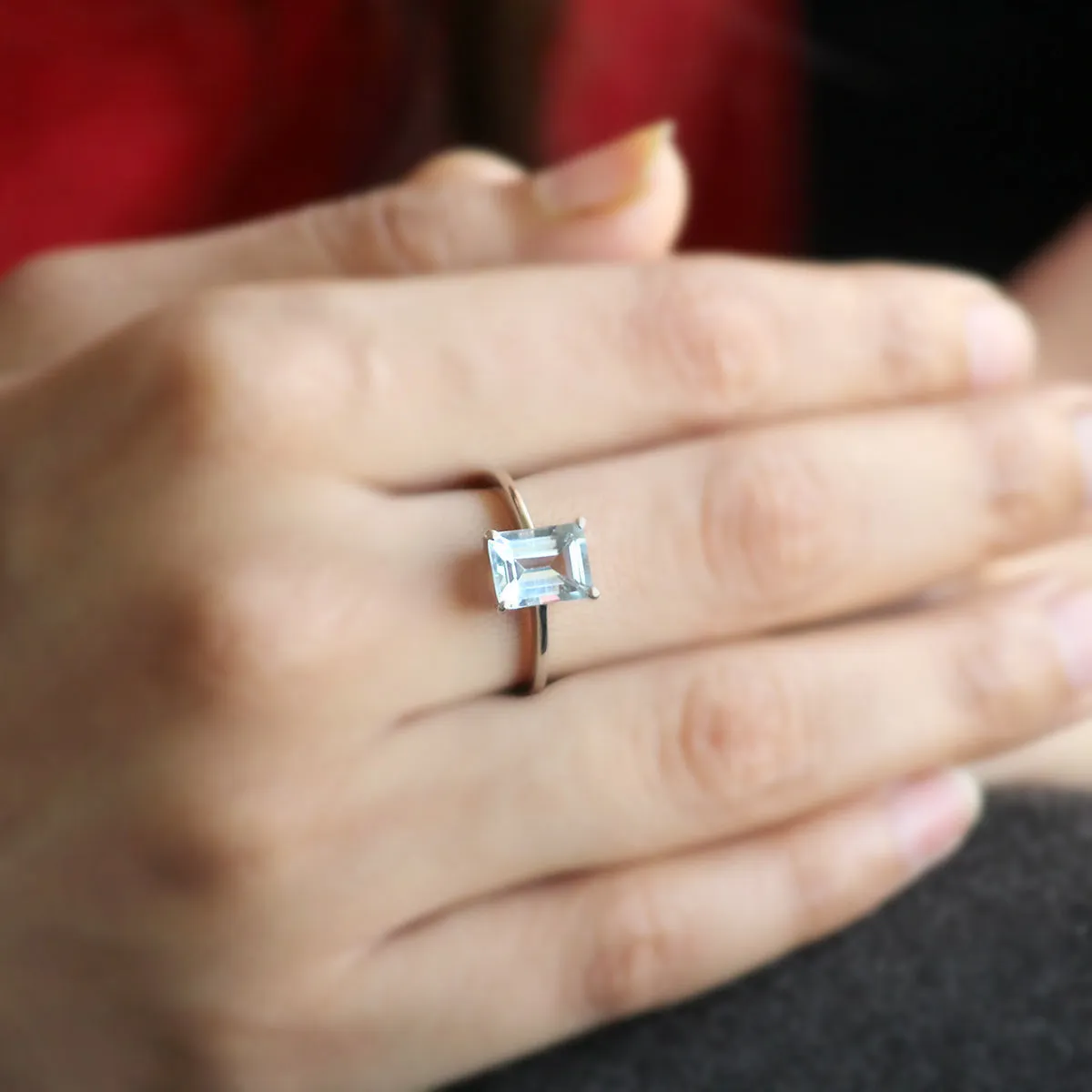 Emerald Cut Natural Sky Blue Topaz Fine Ring
