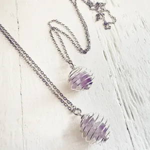 encapsulate silver // caged amethyst quartz crystal gemstone necklace