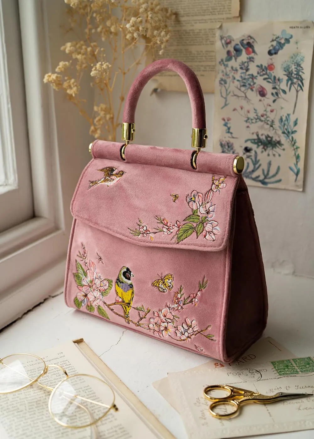 Fable England Morning Song Bird Velvet Bag Pink