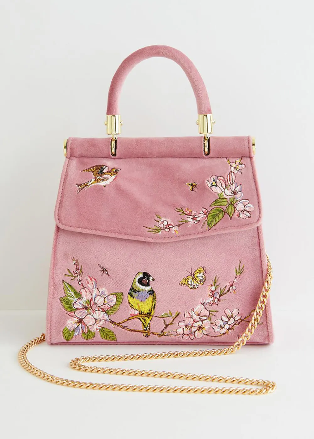 Fable England Morning Song Bird Velvet Bag Pink