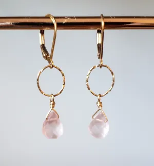 Faceted Rose Quartz Tear Drop Dangles Off a Gold-Filled Ring on Lever Back Earrings