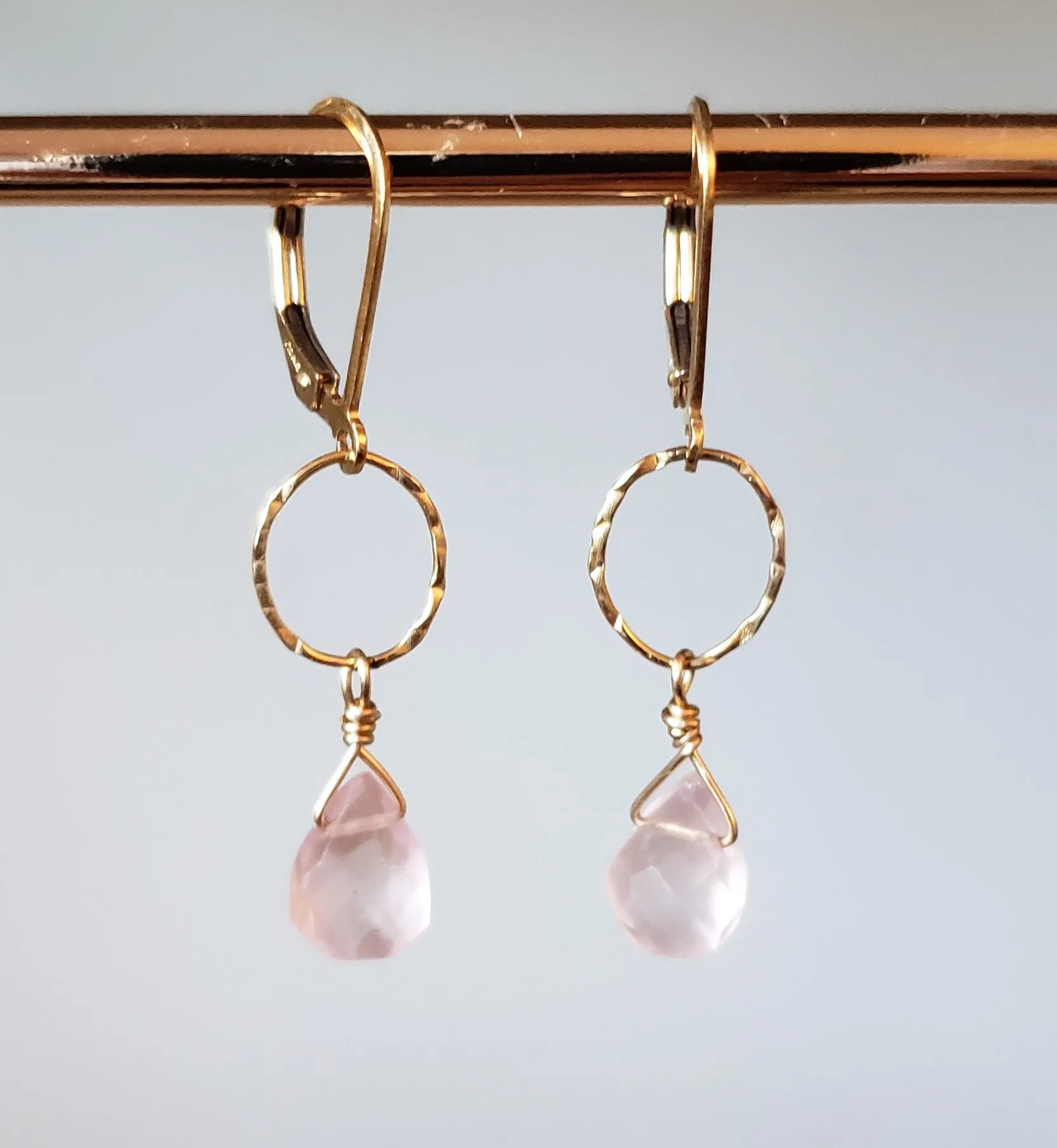 Faceted Rose Quartz Tear Drop Dangles Off a Gold-Filled Ring on Lever Back Earrings