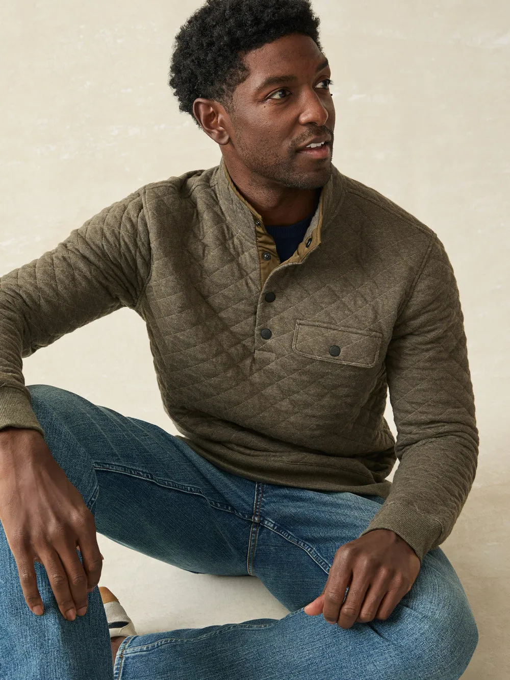 Faherty - Epic Quilted Fleece Pullover - Olive Melange