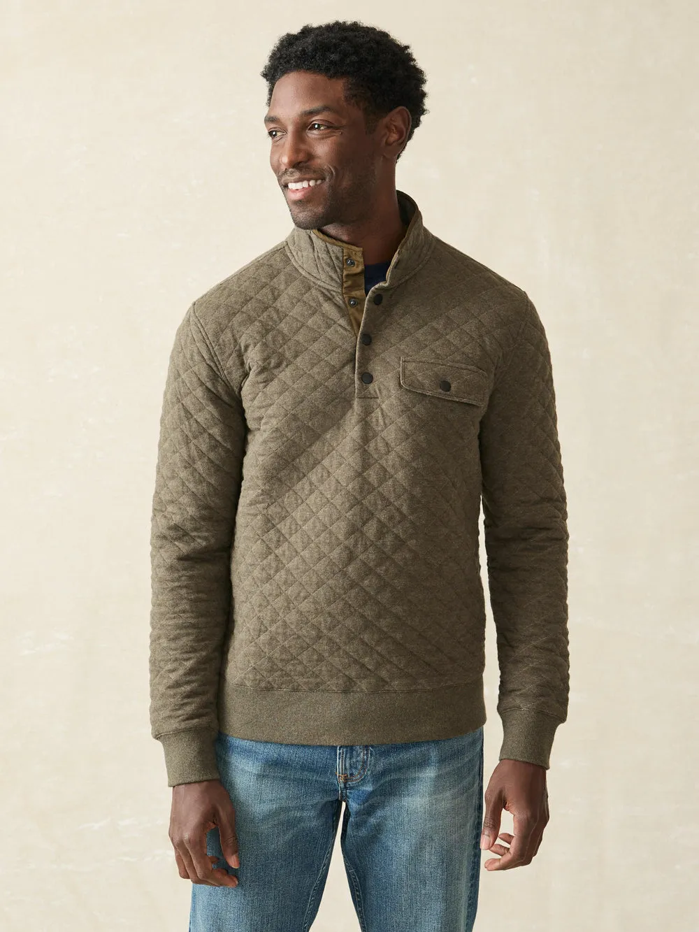 Faherty - Epic Quilted Fleece Pullover - Olive Melange