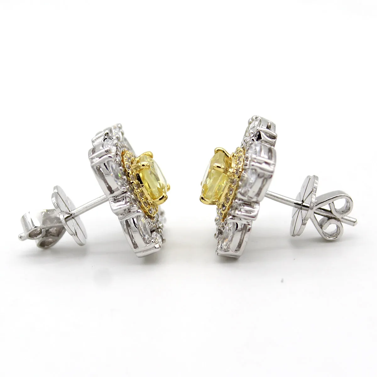 Fancy Yellow Cushion Cut Diamond Simulant Two Tone Earring