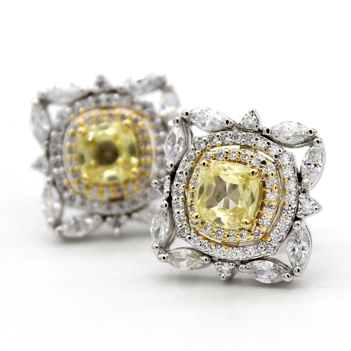 Fancy Yellow Cushion Cut Diamond Simulant Two Tone Earring