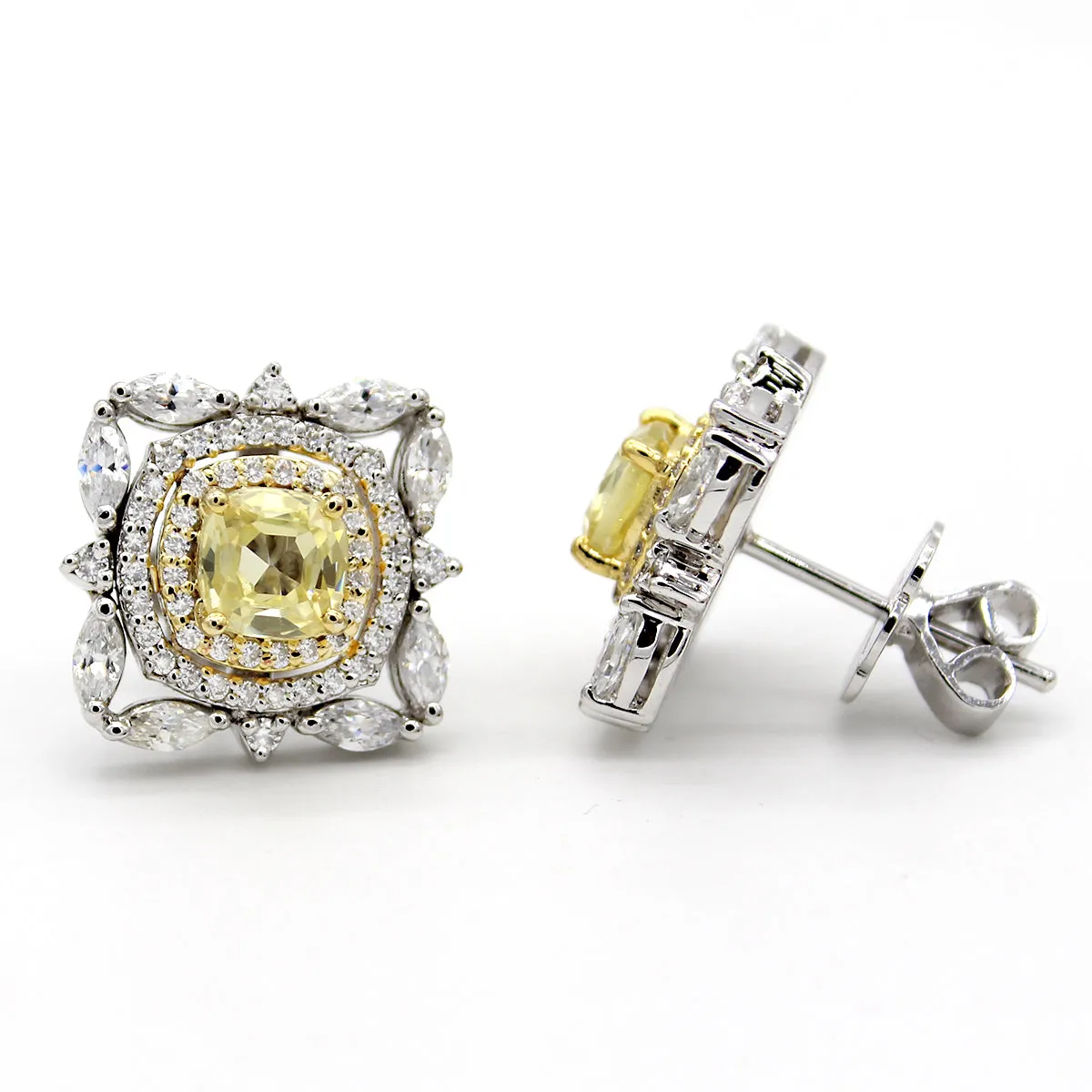 Fancy Yellow Cushion Cut Diamond Simulant Two Tone Earring