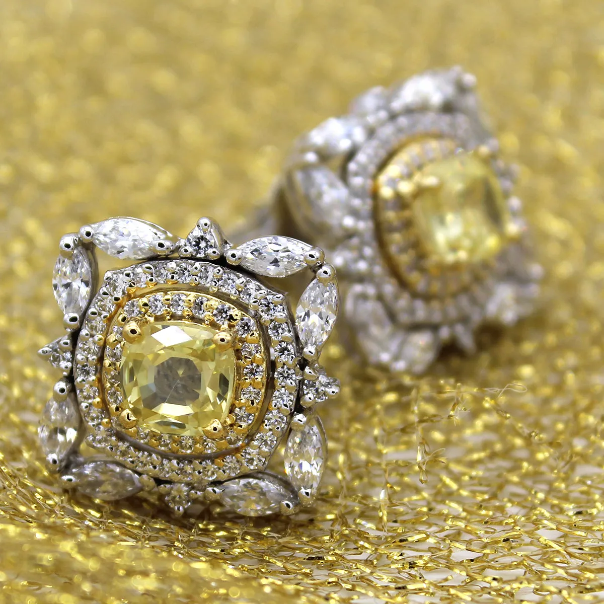 Fancy Yellow Cushion Cut Diamond Simulant Two Tone Earring