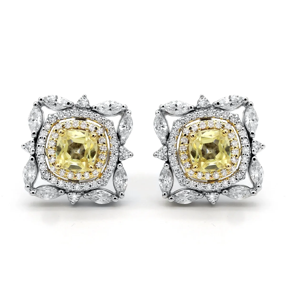 Fancy Yellow Cushion Cut Diamond Simulant Two Tone Earring