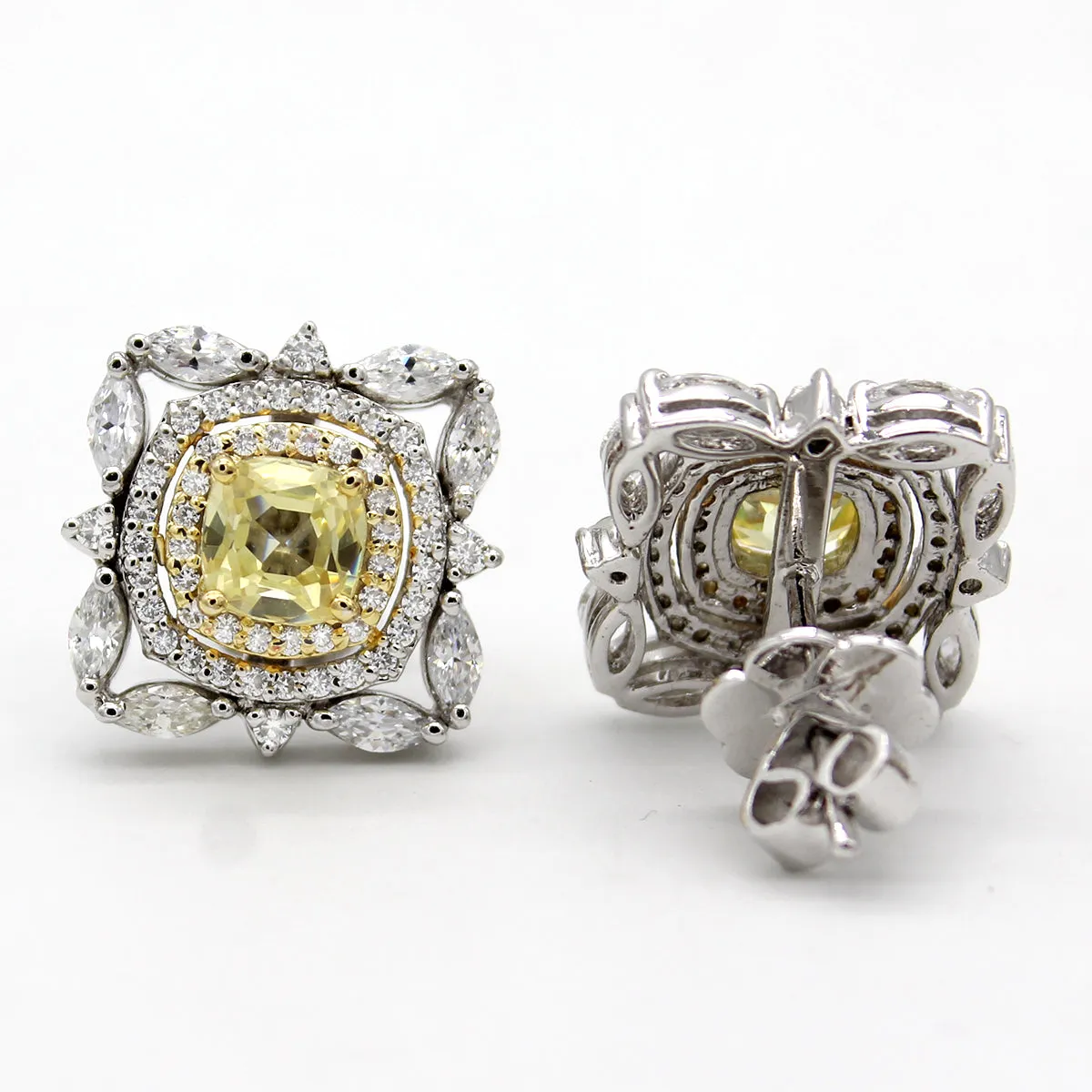 Fancy Yellow Cushion Cut Diamond Simulant Two Tone Earring