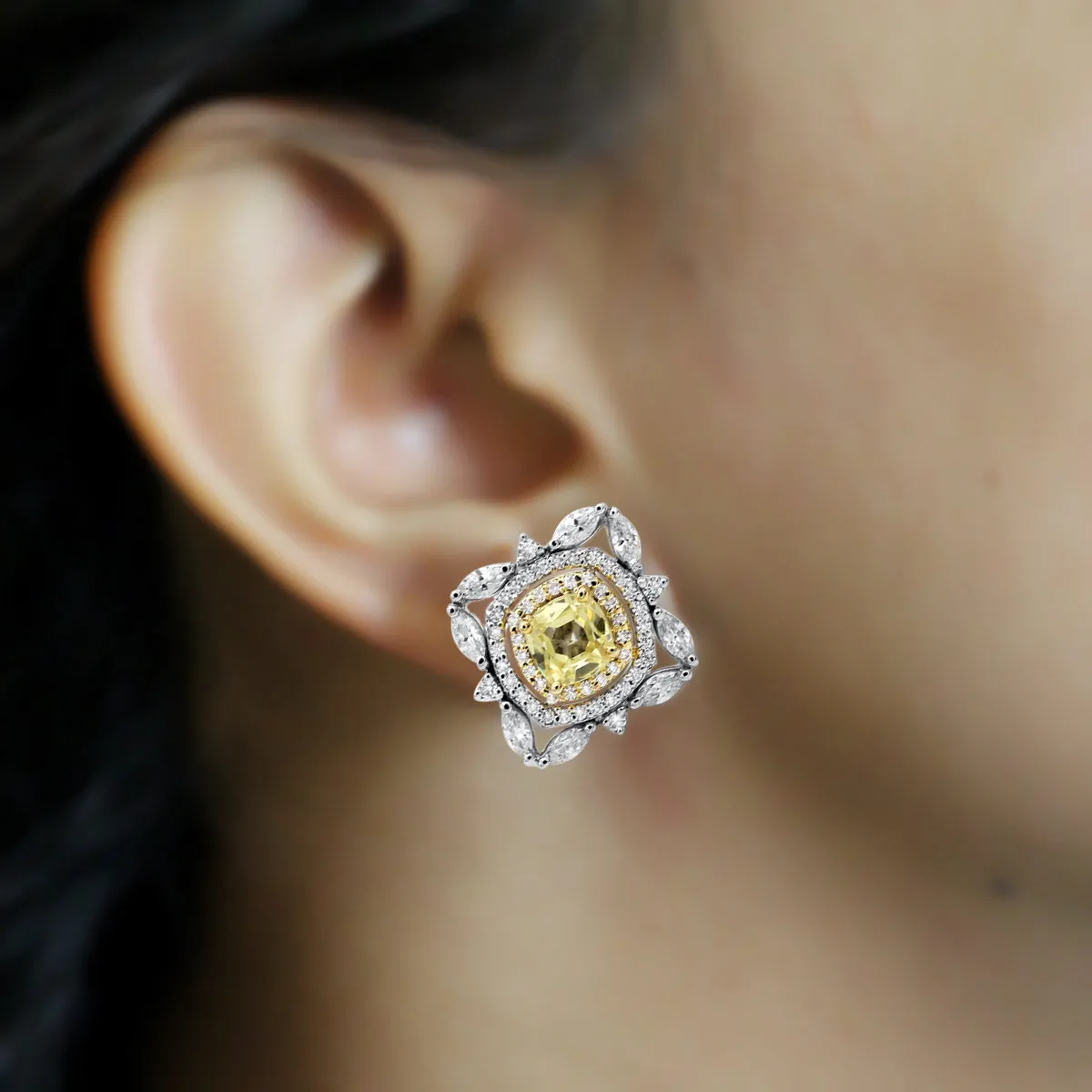 Fancy Yellow Cushion Cut Diamond Simulant Two Tone Earring