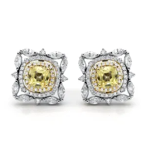 Fancy Yellow Cushion Cut Diamond Simulant Two Tone Earring
