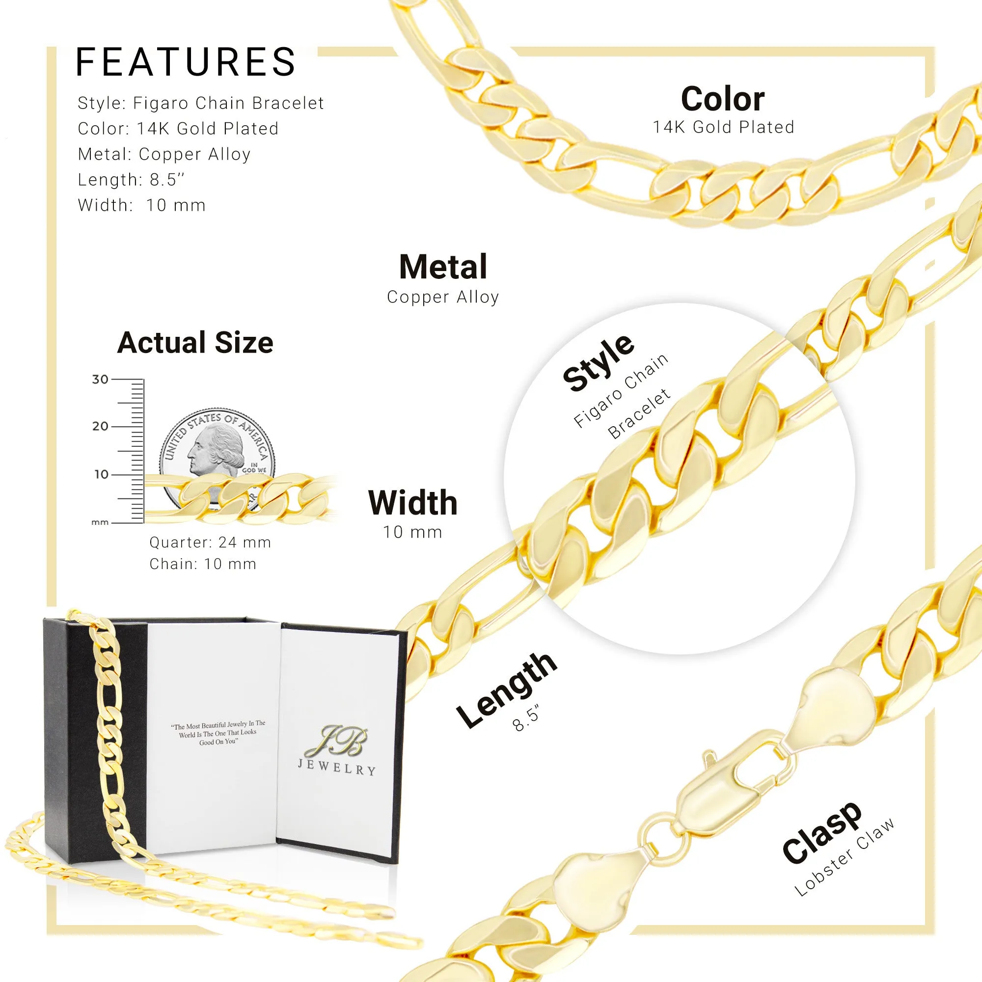 Figaro Chain 14K Gold Filled Bracelet 8.5" Lobster Claw Clasp Jewelry Gift for Men