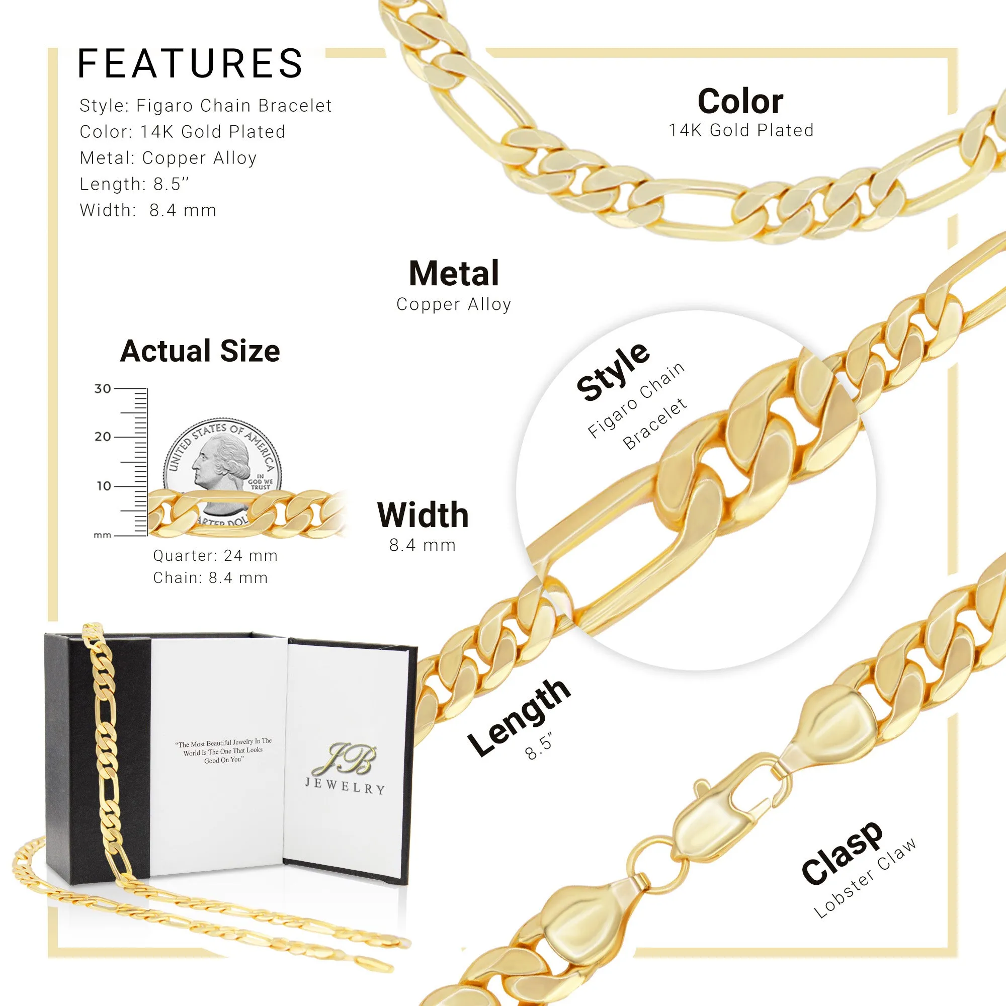 Figaro Chain 14K Gold Filled Bracelet 8.5" Lobster Claw Clasp Jewelry Gift for Men