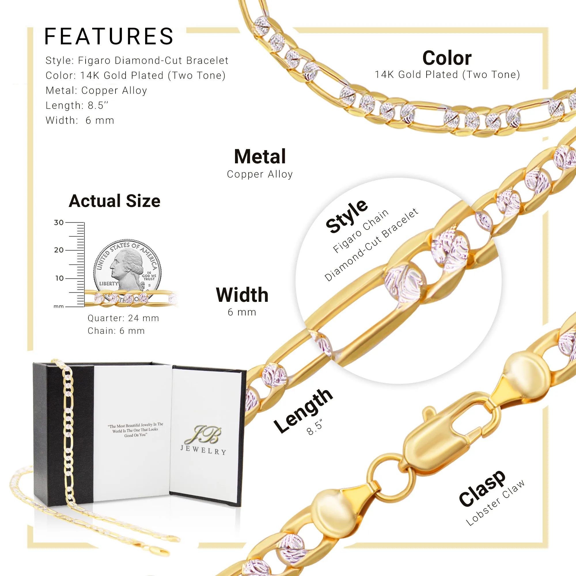 Figaro Chain 14K Gold Filled Bracelet 8.5" Lobster Claw Clasp Jewelry Gift for Men