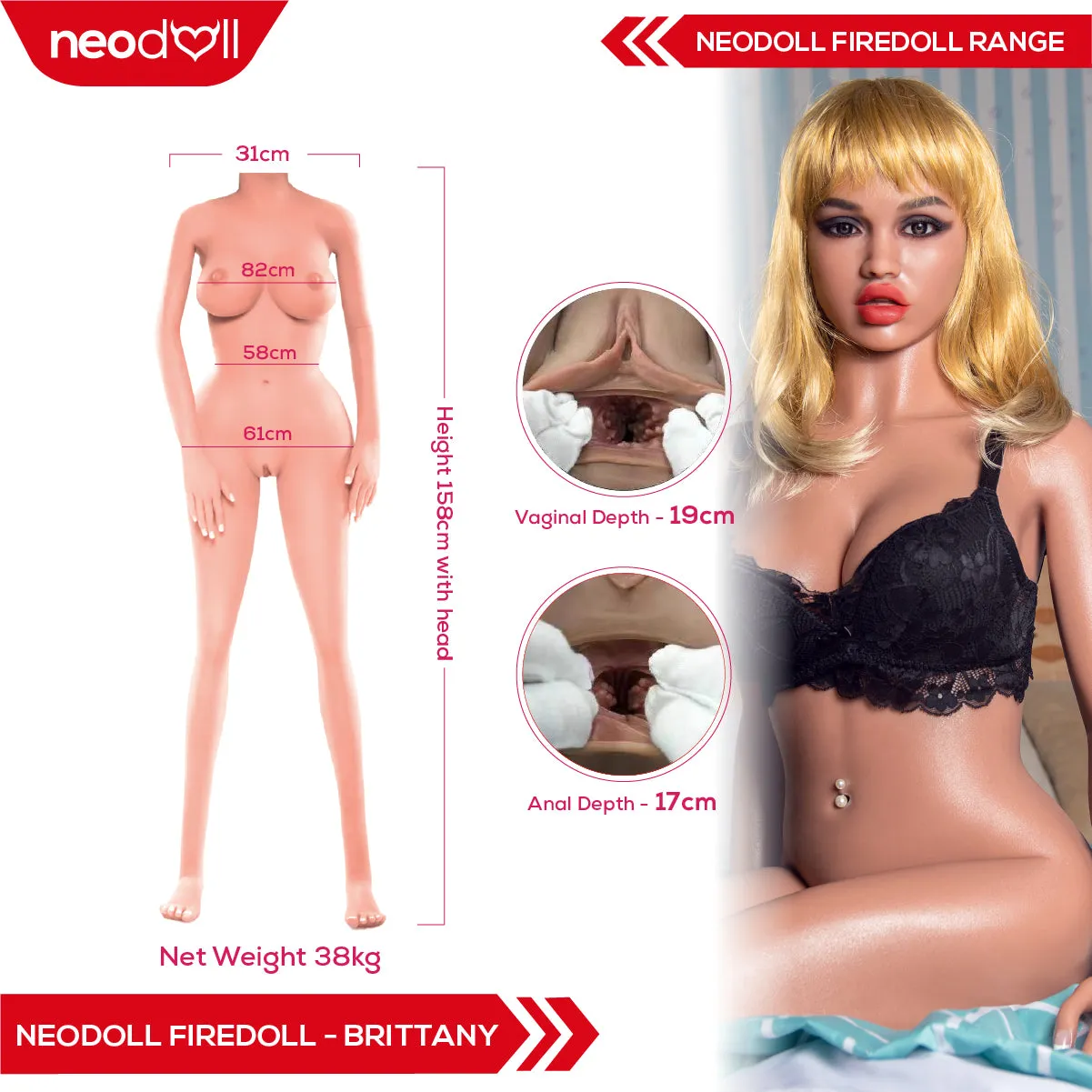 Fire Doll - Brittany - Realistic Sex Doll - Tongue included - 158cm - Light Tan