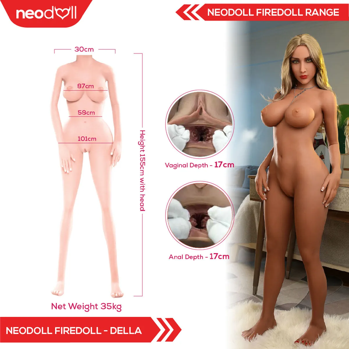Fire Doll - Della - Realistic Sex Doll - Tongue included - 155cm - Light Tan