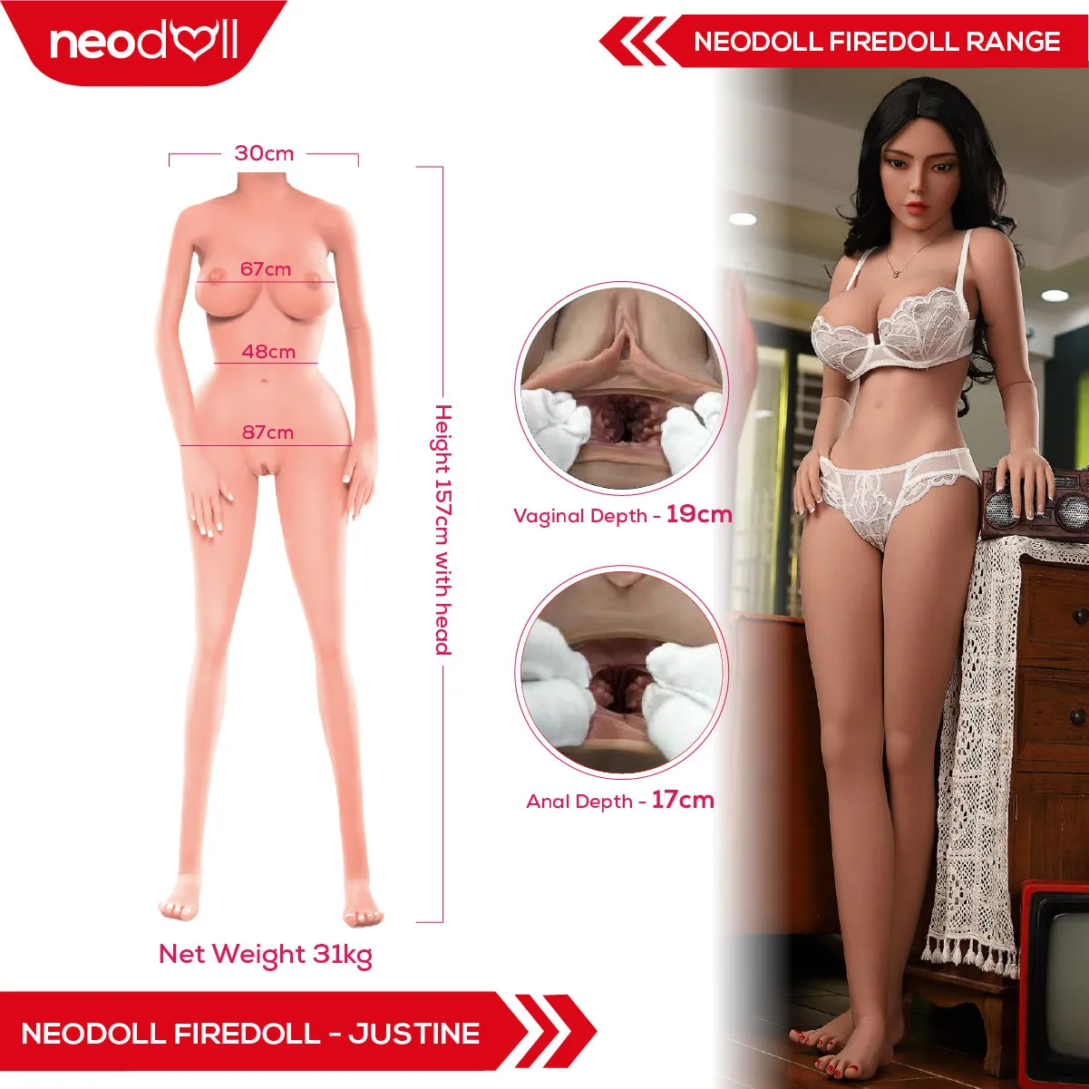 Fire Doll - Justine - Realistic Sex Doll - Tongue included- 157cm - Light Tan