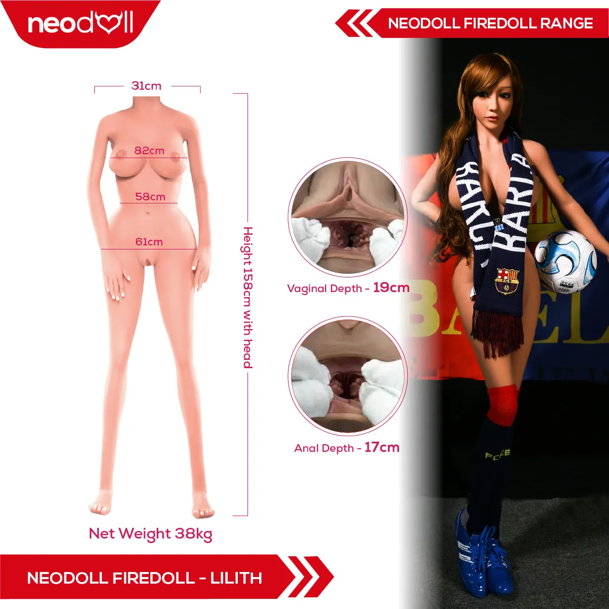 Fire Doll - Lilith - Realistic Sex Doll - Tongue included - 158cm - LightTan