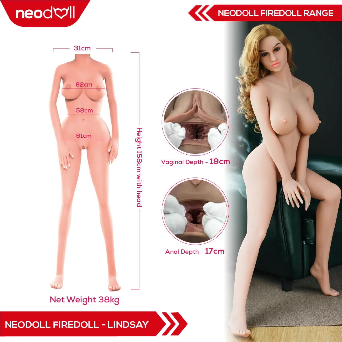 Fire Doll - Lindsay - Realistic Sex Doll - Tongue included - 158cm - Natural