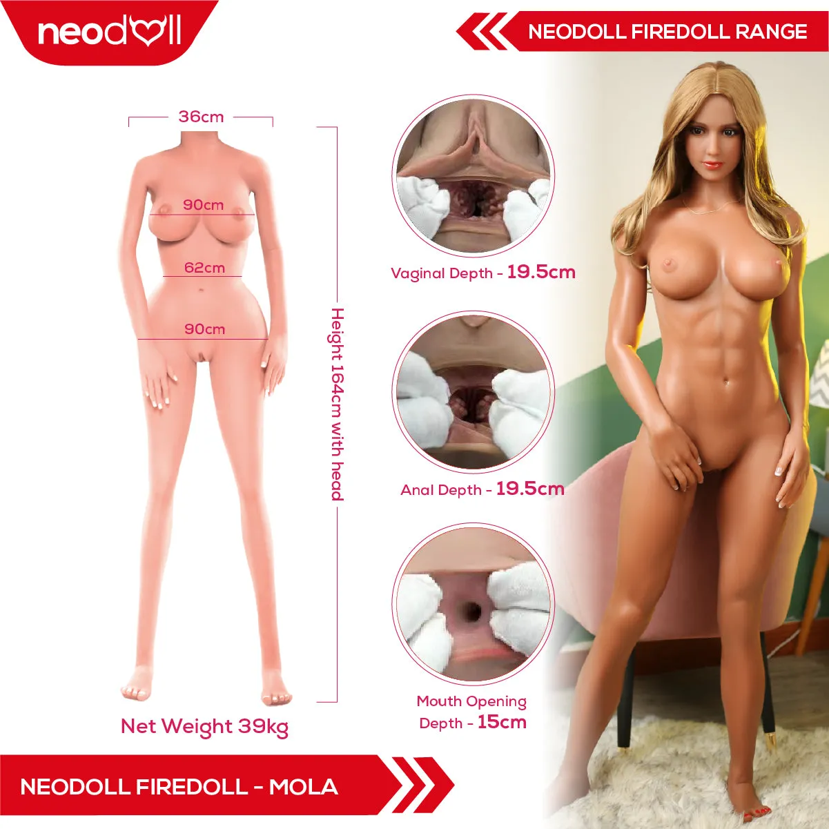 Fire Doll - Mola - Realistic Sex Doll - Tongue included 164cm - Light Tan