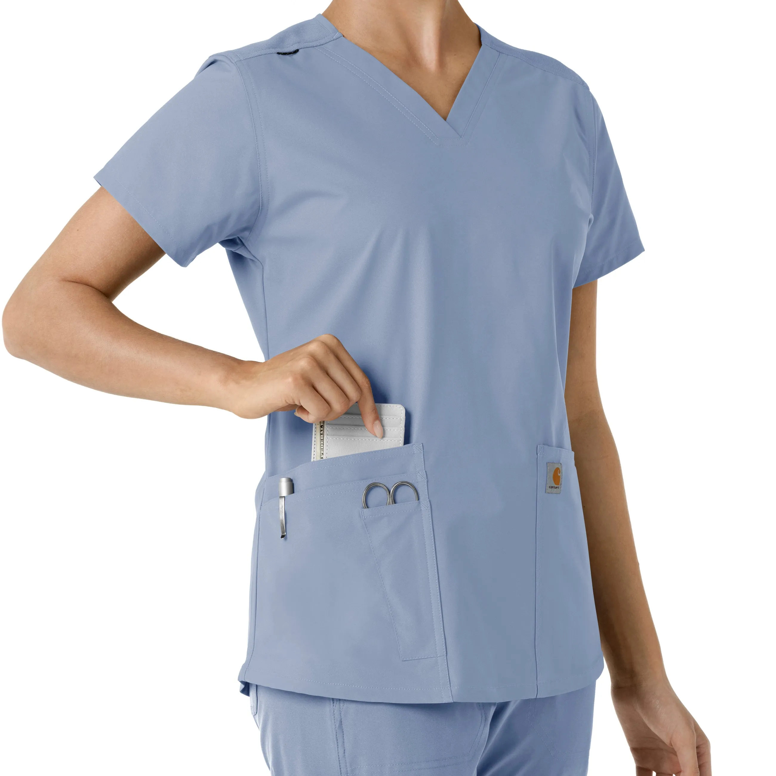 Force Essentials C12313 V-Neck Knit Panel Scrub Top Ceil Blue