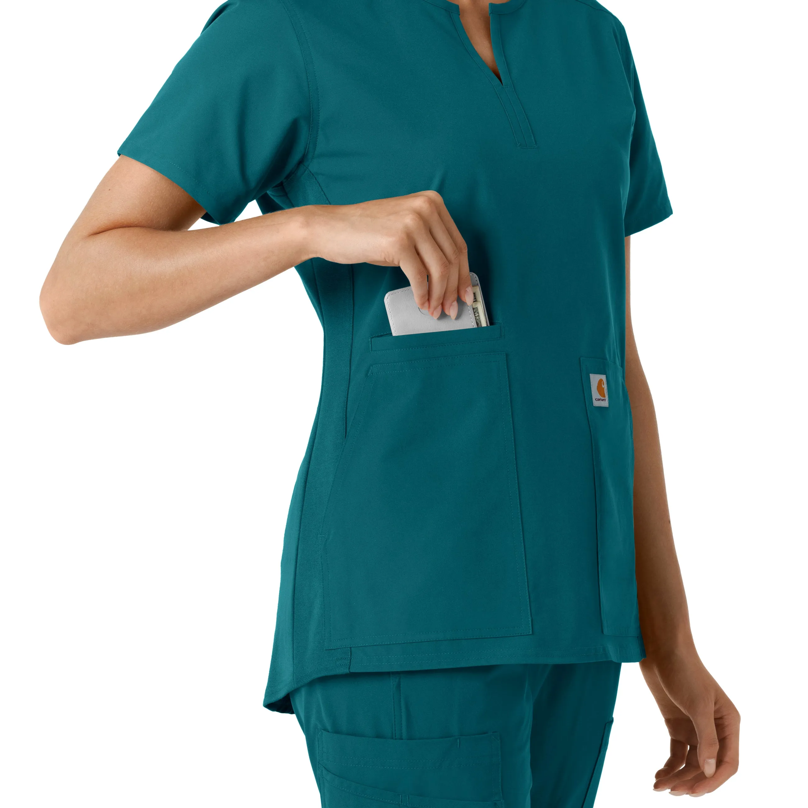 Force Essentials C12413 Notch Neck Tunic Knit Panel Scrub Top Caribbean