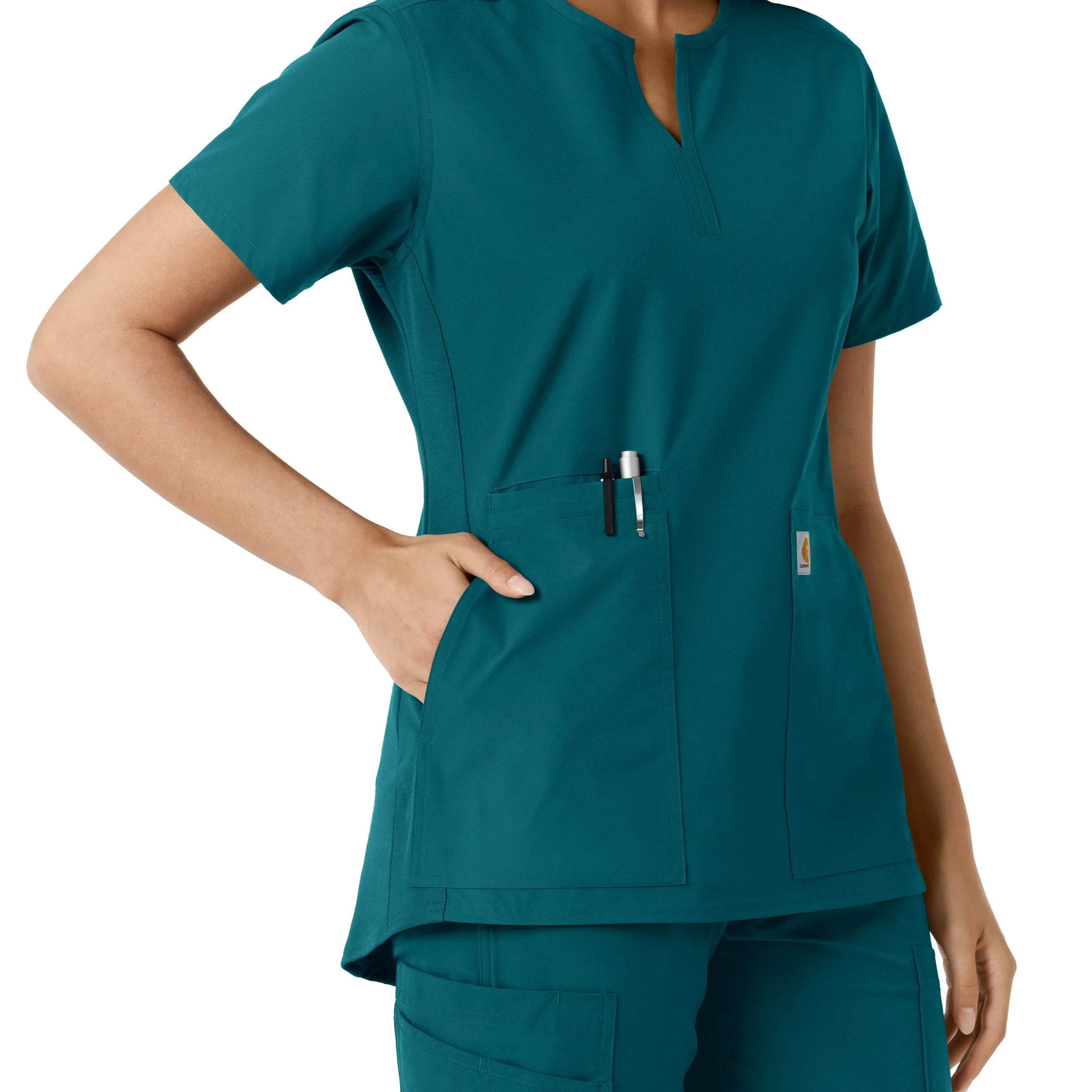 Force Essentials C12413 Notch Neck Tunic Knit Panel Scrub Top Caribbean