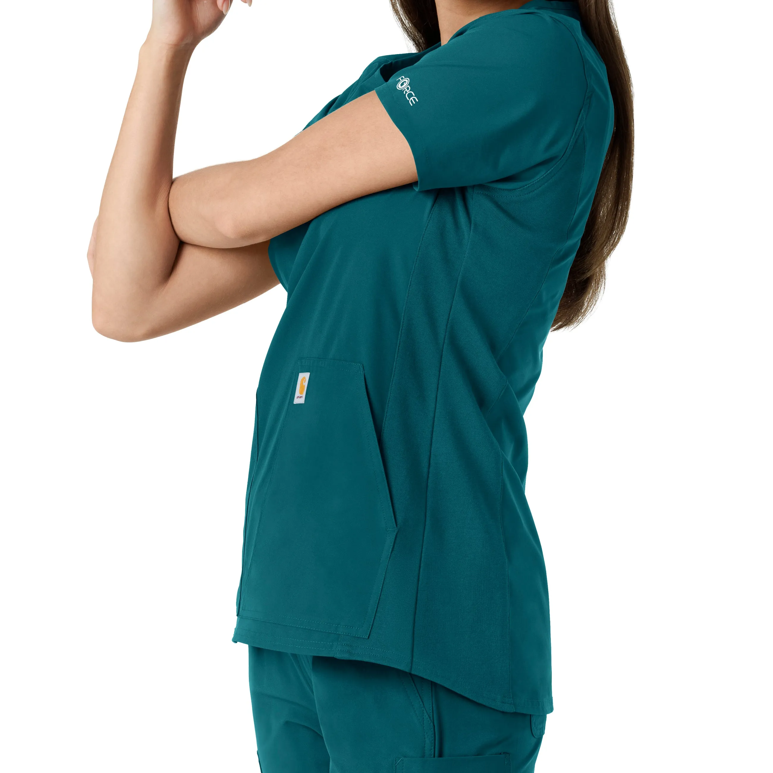 Force Essentials C12413 Notch Neck Tunic Knit Panel Scrub Top Caribbean