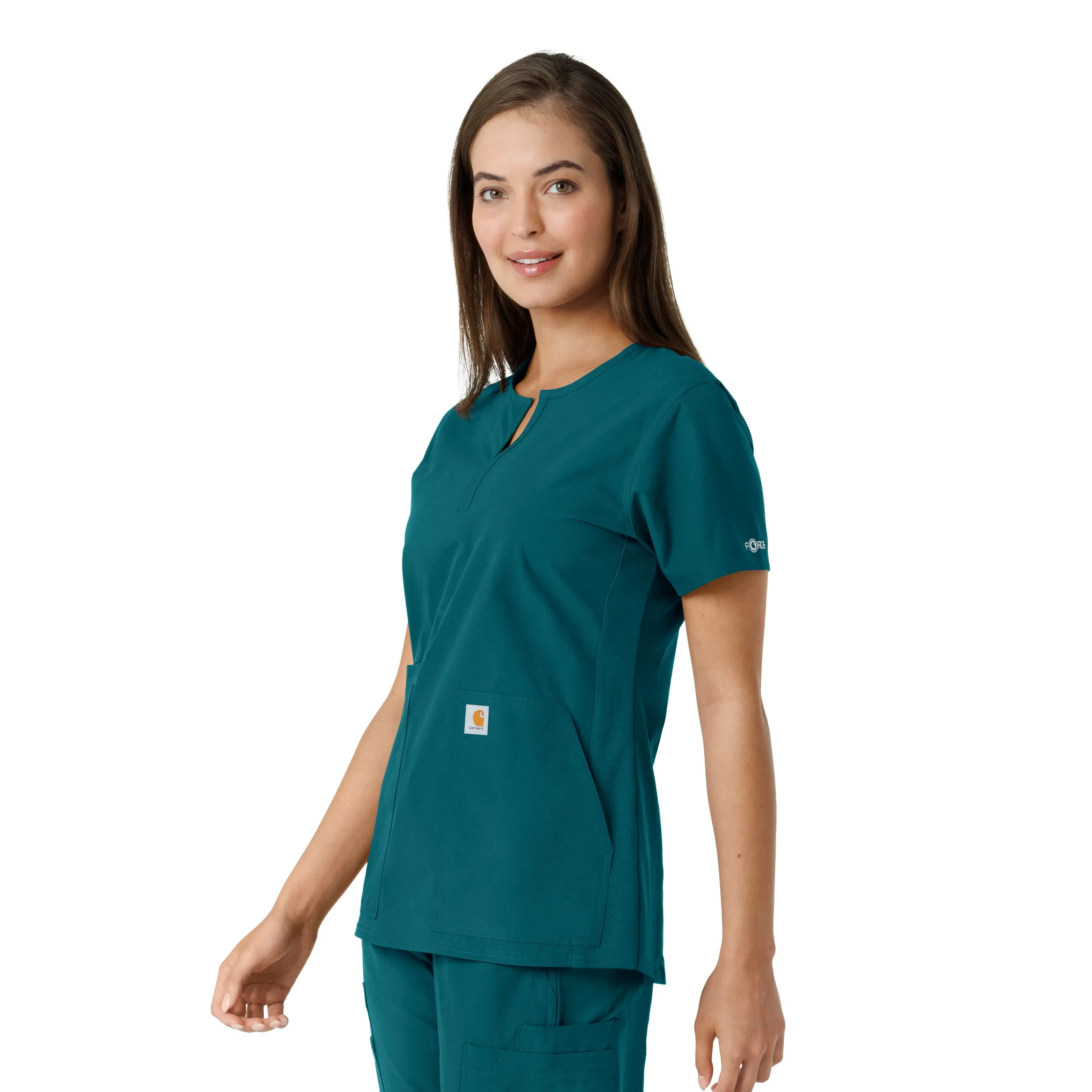 Force Essentials C12413 Notch Neck Tunic Knit Panel Scrub Top Caribbean