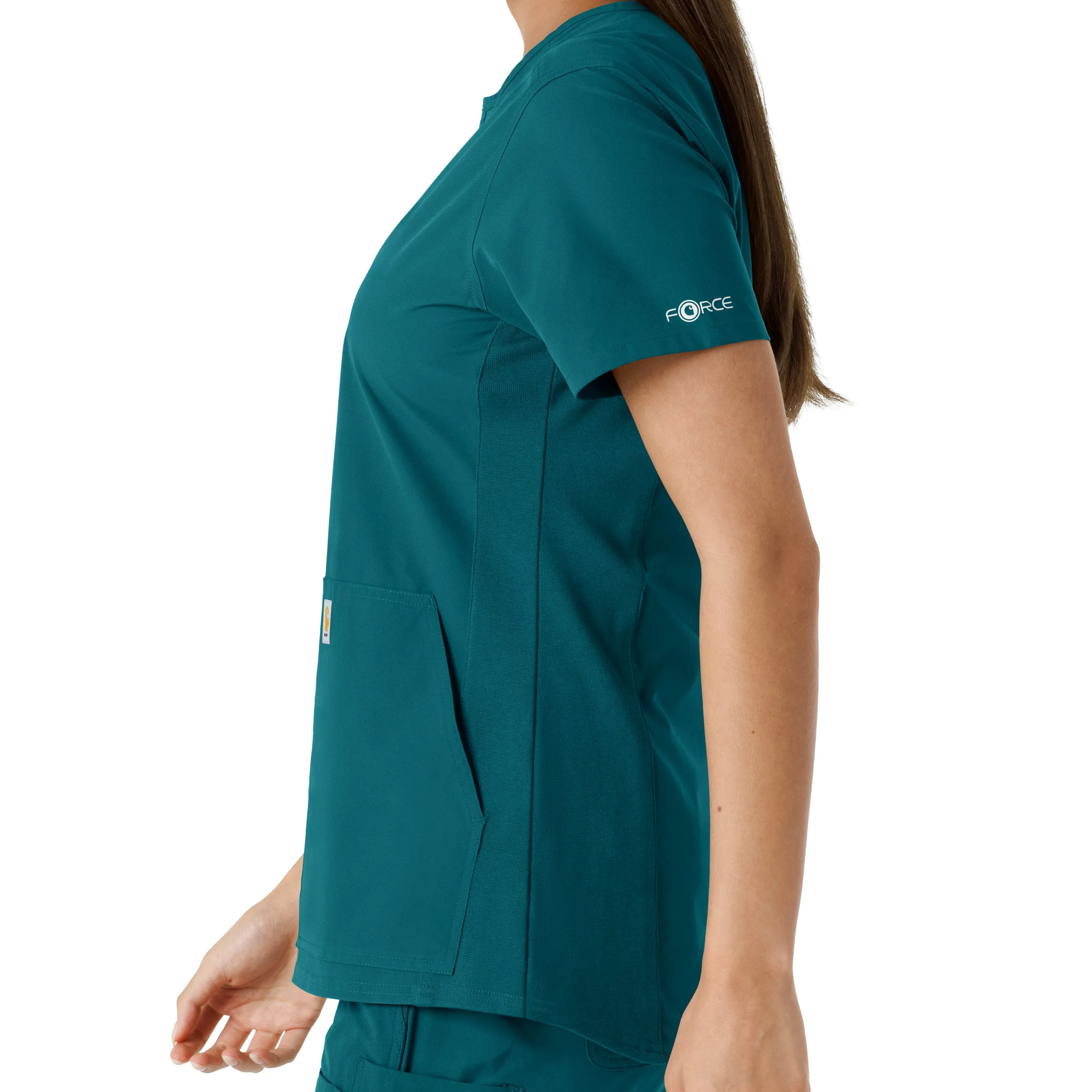 Force Essentials C12413 Notch Neck Tunic Knit Panel Scrub Top Caribbean
