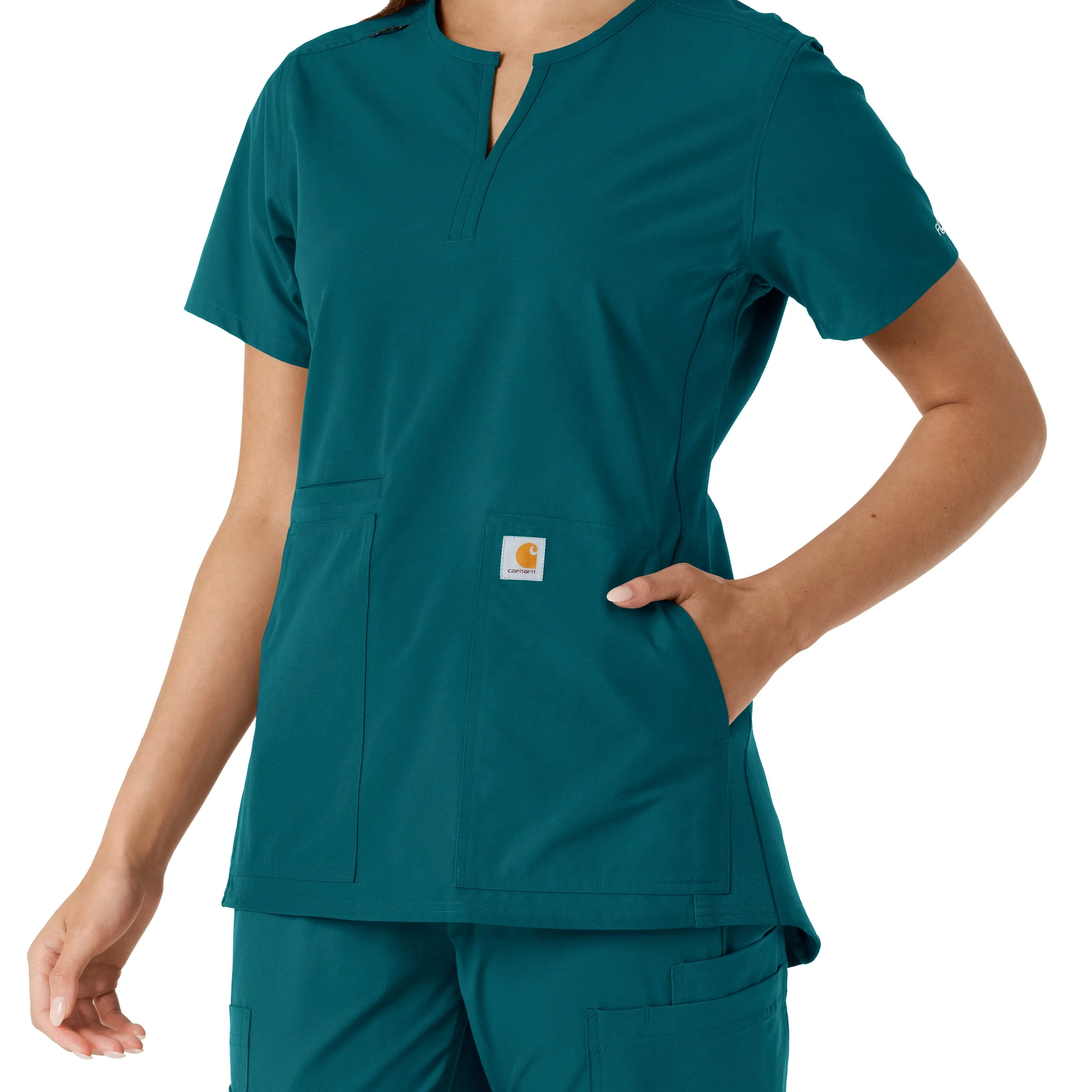 Force Essentials C12413 Notch Neck Tunic Knit Panel Scrub Top Caribbean
