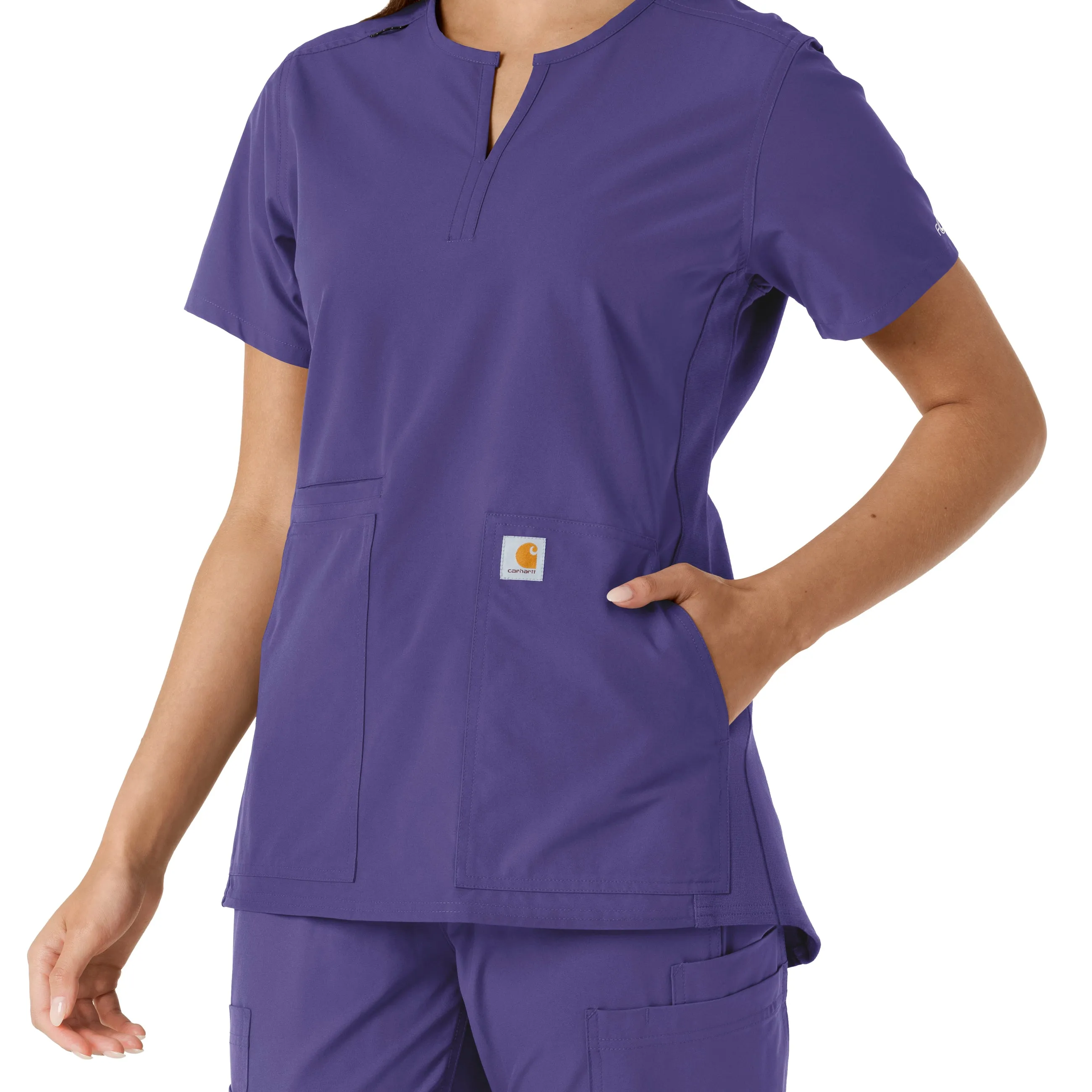 Force Essentials C12413 Notch Neck Tunic Knit Panel Scrub Top Grape