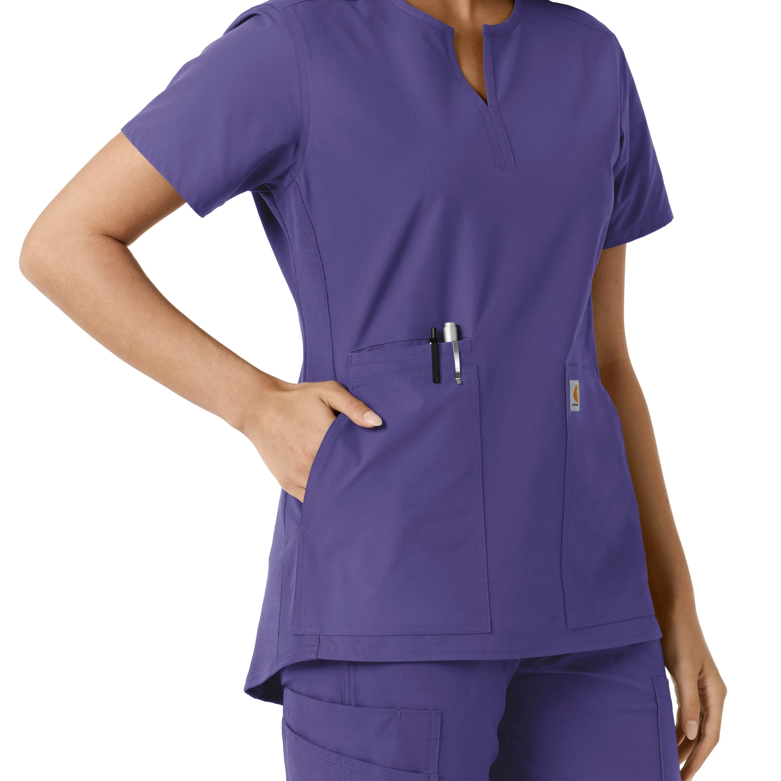 Force Essentials C12413 Notch Neck Tunic Knit Panel Scrub Top Grape