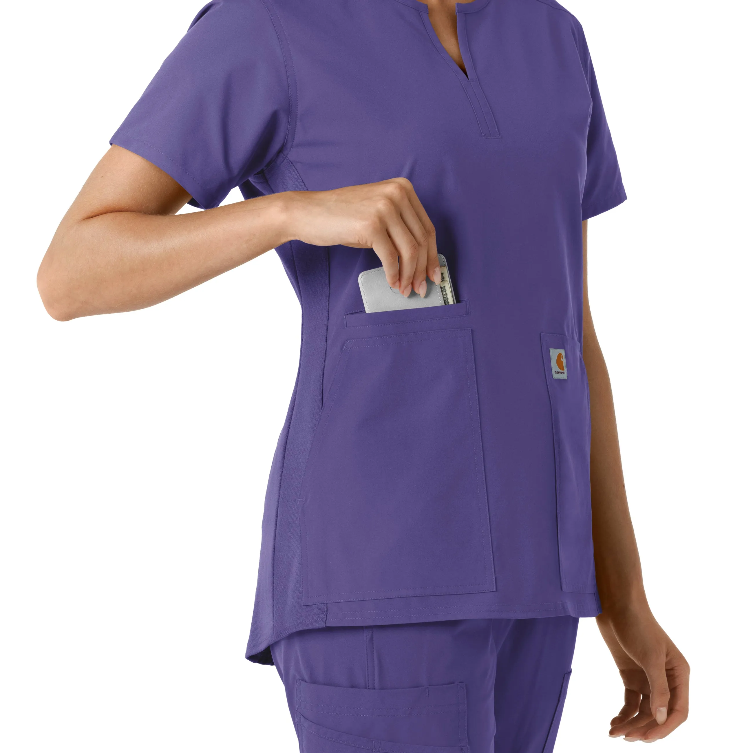 Force Essentials C12413 Notch Neck Tunic Knit Panel Scrub Top Grape