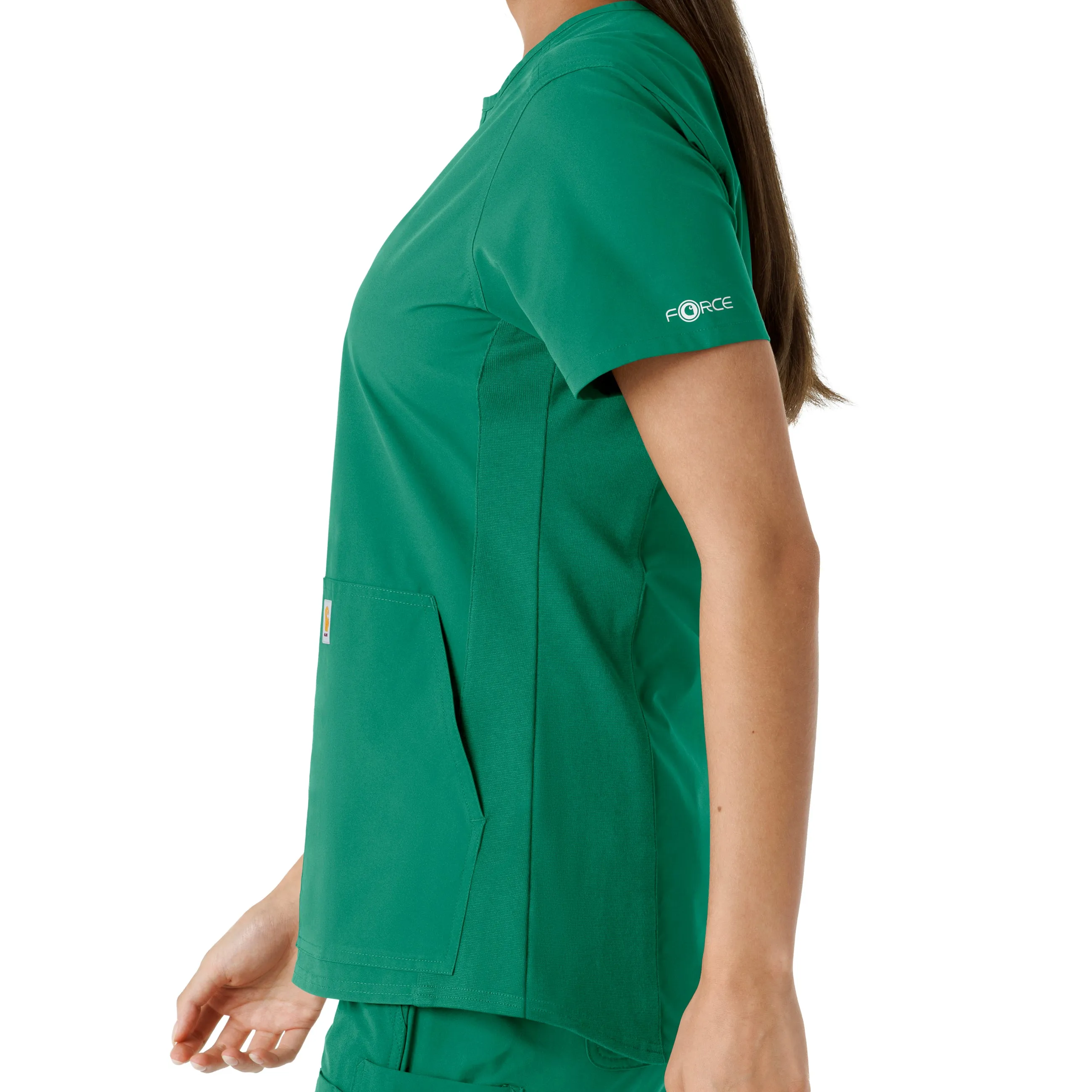 Force Essentials C12413 Notch Neck Tunic Knit Panel Scrub Top Hunter