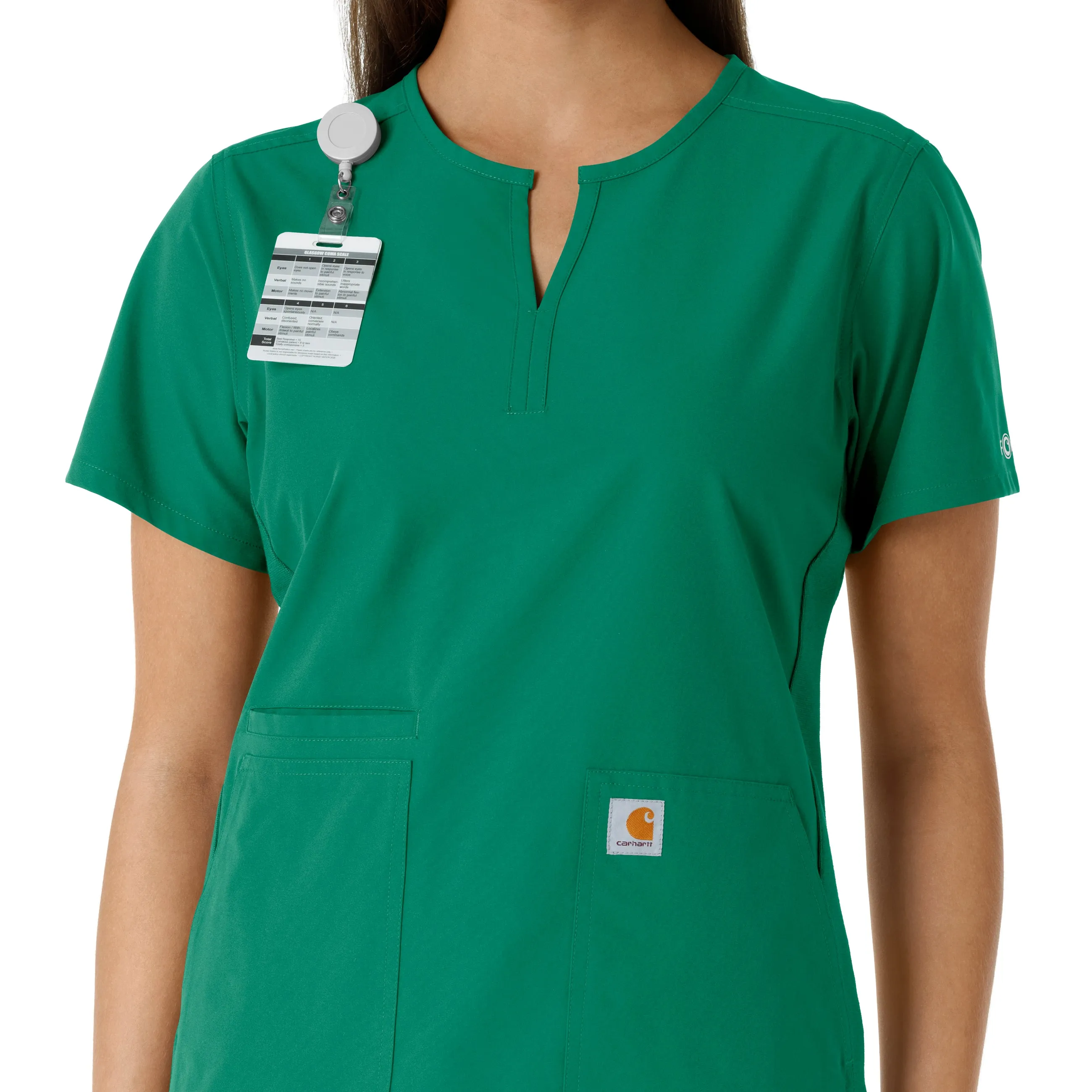 Force Essentials C12413 Notch Neck Tunic Knit Panel Scrub Top Hunter