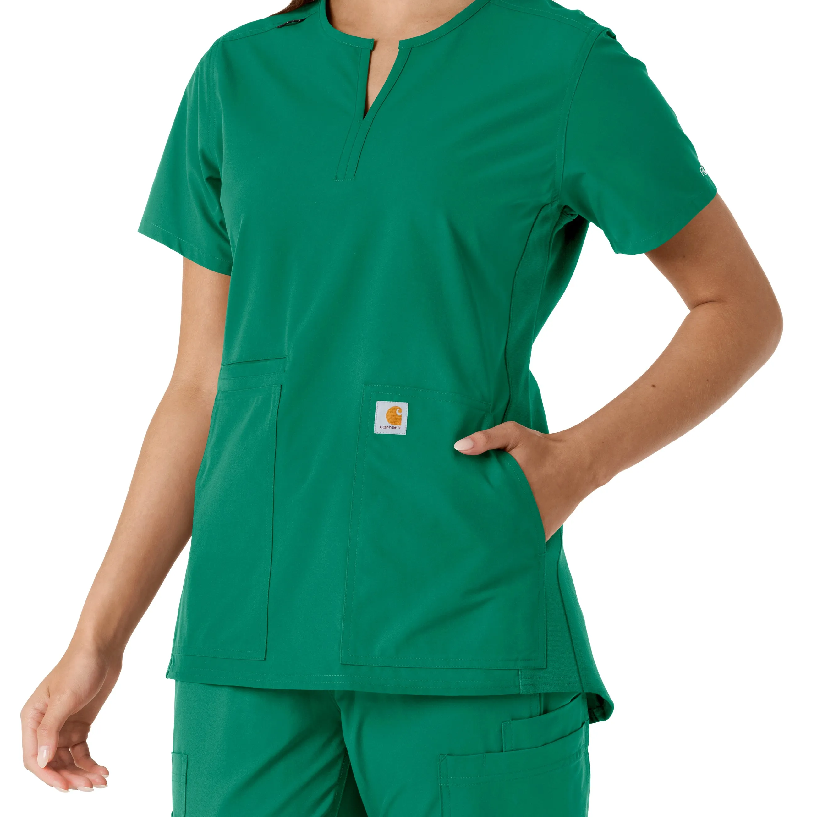 Force Essentials C12413 Notch Neck Tunic Knit Panel Scrub Top Hunter