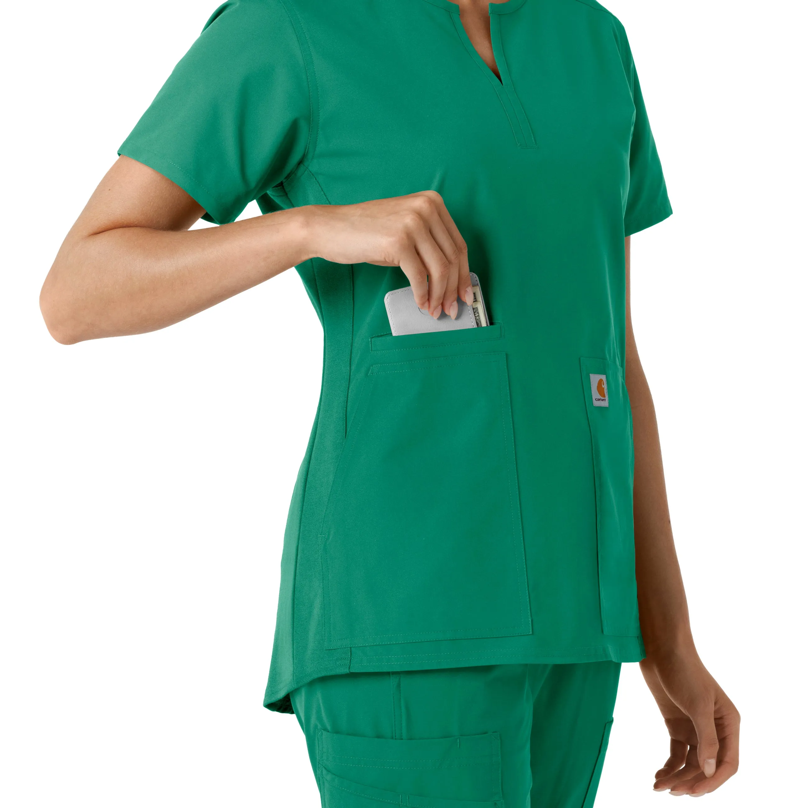 Force Essentials C12413 Notch Neck Tunic Knit Panel Scrub Top Hunter