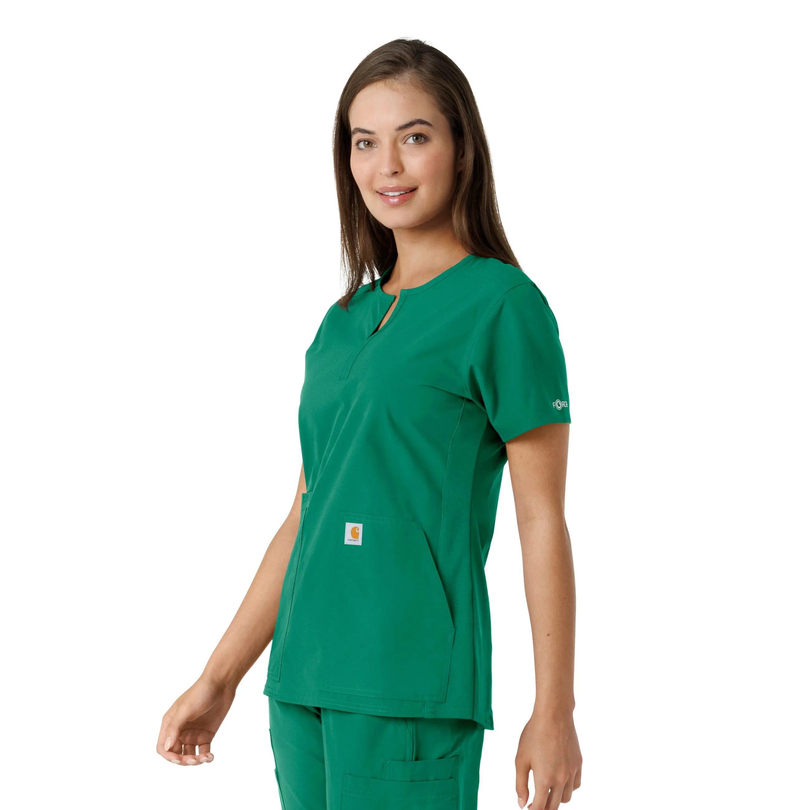 Force Essentials C12413 Notch Neck Tunic Knit Panel Scrub Top Hunter