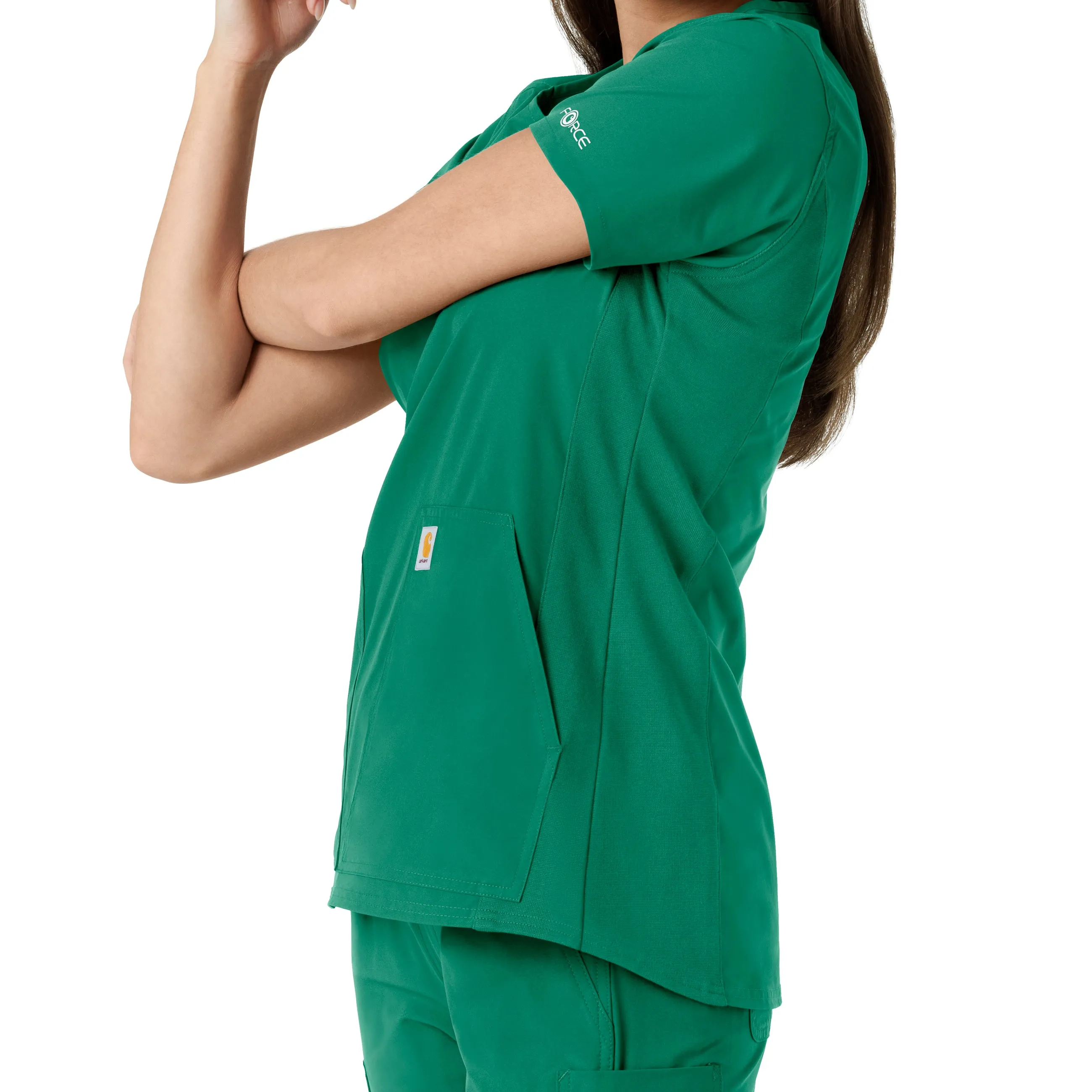 Force Essentials C12413 Notch Neck Tunic Knit Panel Scrub Top Hunter